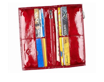 Red leather 3D effect women bill wallet long slim leather clutch with change card holder cash pocket bifold ladies purses