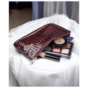 Cherry red black leather xsmall makeup bag croc print brush pouch cosmetic organizer chic make up luxury toiletry pouches cute vanity case