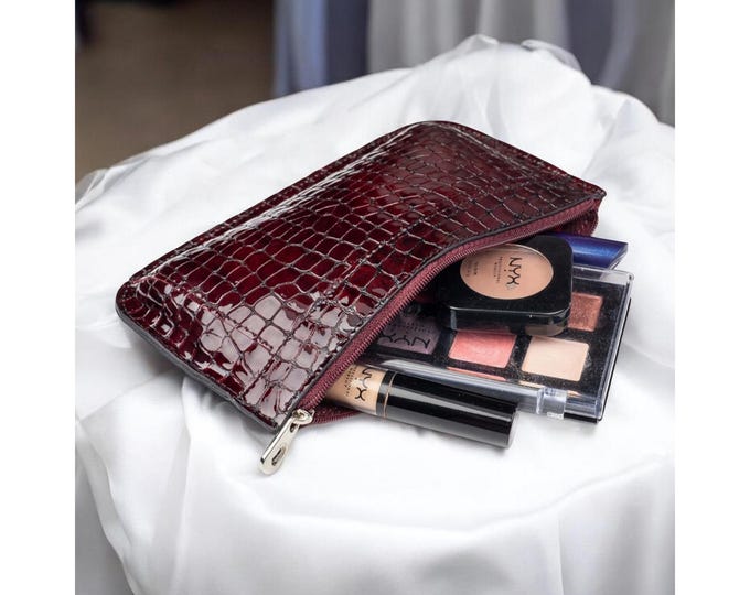 Red black small leather makeup bag croc print deep cherry mini pencil lipstick brush zip pouch for purse cute vanity case vintage style