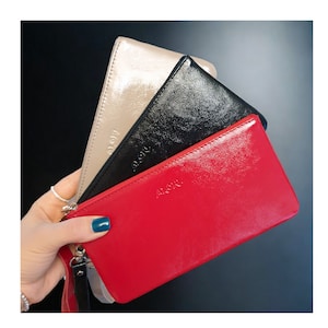 Carteiras femininas vermelhas, pretas e bege, de couro envernizado, elegantes, com zíper, fina, compacta, com bolso para moedas e cédulas