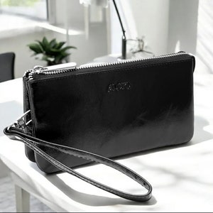 Portafoglio da donna in pelle verniciata nera, portafogli Patton neri lucidi, borsa in pelle, portafoglio con cerniera, pochette da donna, porta carte e monete, portafoglio da donna