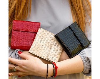 Red black beige mid size leather wallet for women animal print ladies clutch bifold womens wallets small purse