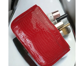 Small leather makeup bag cosmetic organizer pouch  for purse mini vanity case pencil case crocodile embossed bags lipstick toiletry bag