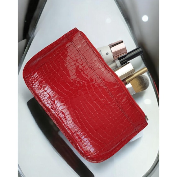 Small leather makeup bag cosmetic organizer pouch  for purse mini vanity case pencil case crocodile embossed bags lipstick toiletry bag