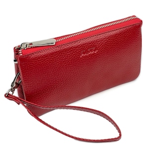 Portefeuille femme en cuir grainé rouge Portefeuille en cuir pour femme Porte-monnaie zippé pour femme Porte-cartes et porte-monnaie pour femme Grand portefeuille