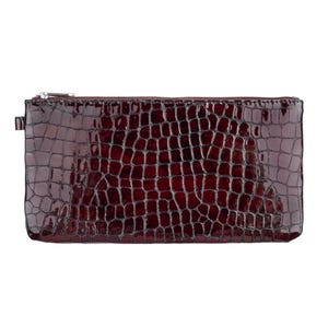 Portafoglio sottile da donna in pelle verniciata color rosso ciliegia con stampa coccodrillo, pochette da donna con porta carte, tasca porta monete e portafoglio.