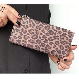 Cartera delgada plegable de piel con estampado de leopardo en polvo para mujer con imanes, tarjetero, monedero, cartera con cremallera, bolso de mano largo para mujer