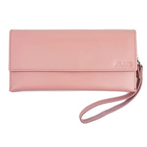 Light pink smooth leather wallet women purse minimalist long wallet  change pocket ladies wallet card holder coin bill pocket evening purse