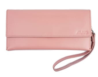 Cartera de piel lisa rosa para mujer, monedero minimalista, cartera larga con bolsillo para cambio, tarjetero, monedero, monedero de noche para mujer
