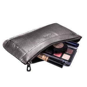 Metallic Silver Leather Makeup Case: Small Vintage Style Cosmetic Bag