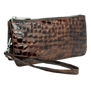 Portefeuille femme en cuir imprimé crocodile marron Portefeuille en cuir pour femme Porte-monnaie zippé pour femme