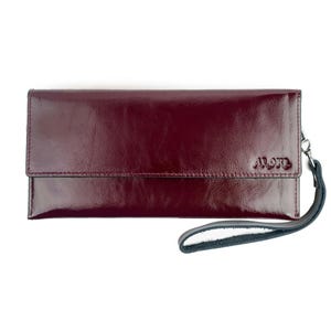 Cartera de mujer de charol rojo cereza con monedero, idea de regalo minimalista para mujer, color vino, cartera plegable a presión para mujer, botón con tarjetero