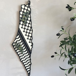 Wooden Palestine Map with Olive Leaves and Black Keffiyeh Patterns
