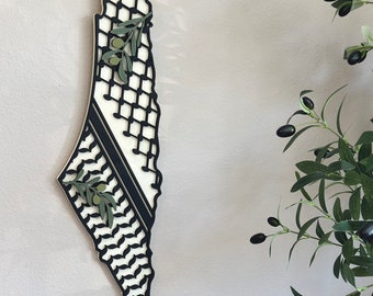 Wooden Palestine Map with Olive Leaves and Black Keffiyeh Patterns