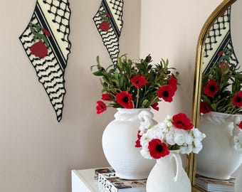 Wooden Palestine Map with Red Poppy Flower and Black Keffiyeh Patterns