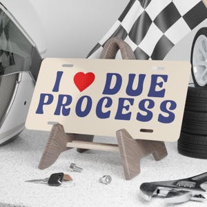 May include: A white metal license plate with the text "I ♥ DUE PROCESS" in blue and red lettering. The license plate is on a wooden stand.