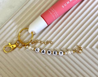 Lip Balm Cap Keychain for Summer Fridays – Custom Holder with Charms – Gold and Pearl Accent – Personalized Gift