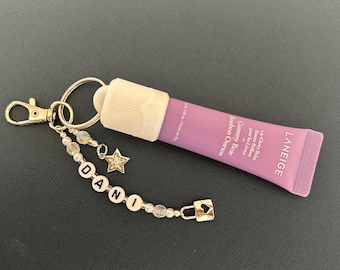 Silver Laneige Lip Balm Keychain – Custom Crystal Charm Cap – Personalized Gift for Her – Balm Holder Clip