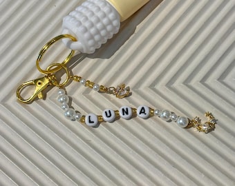 Gold Laneige Lip Balm Keychain – Custom Name Holder with Charms – Pearl Accent Gift for Her – Balm Cap Clip