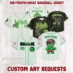 Camiseta de béisbol personalizada de Hulk de Marvel, camiseta de Hulk, camiseta de béisbol de Hulk, camiseta de superhéroe a juego