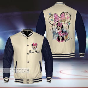 Personalisierte Name Minnie Maus Musik Varsity Jacke, Passende Baseball Team Outfit, Erwachsene Varsity Jacke,Benutzerdefinierte Disney Jacke,Minnie Varsity