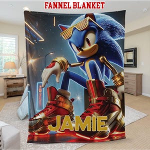 Custom Sonic The Hedgehog Blanket, Personalized Cartoon Hedgehog Minky Sherpa Blanket, Custom Name Blanket, Birthday Blanket D1KW02