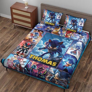 Custom Sonic The Hedgehog Blanket Three-Piece Quilt cover Set 2 Pillow Cover, Personalized Cartoon Hedgehog Minky Sherpa Blanket