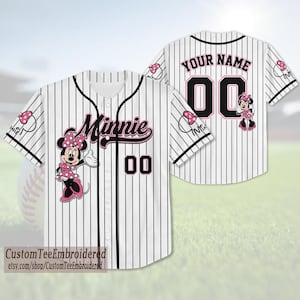 Personalized Name and Number Minnie Mouse Baseball Jersey, Disney Minnie Mouse Jersey Shirt, Disney Birthday Gift, Baseball Jersey Gift