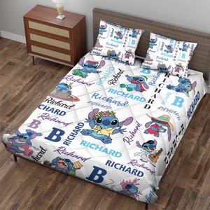 Custom Stitch Quilt Bed Set, Stitch Ohana Bedding Quilt, Stitch Home Decor, Quilt With Pillowcase, Custom Name Quilt