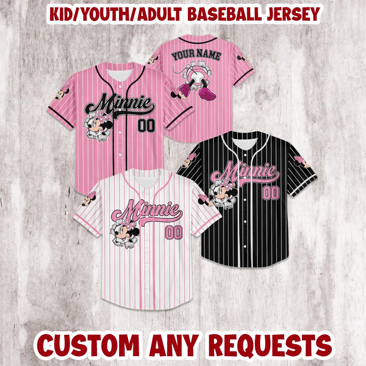 Personalized Disney Minnie Jersey Baseball, Kids and Adult Disney Jersey, Unisex Fan Jersey Baseball