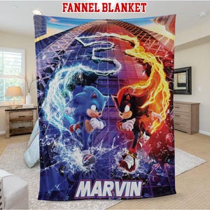 Blue Red Hedgehog Personalized Throw Blanket, Speed Game Cartoon Lighting Fleece Blanket, Kid Blanket for Cartoon Lover