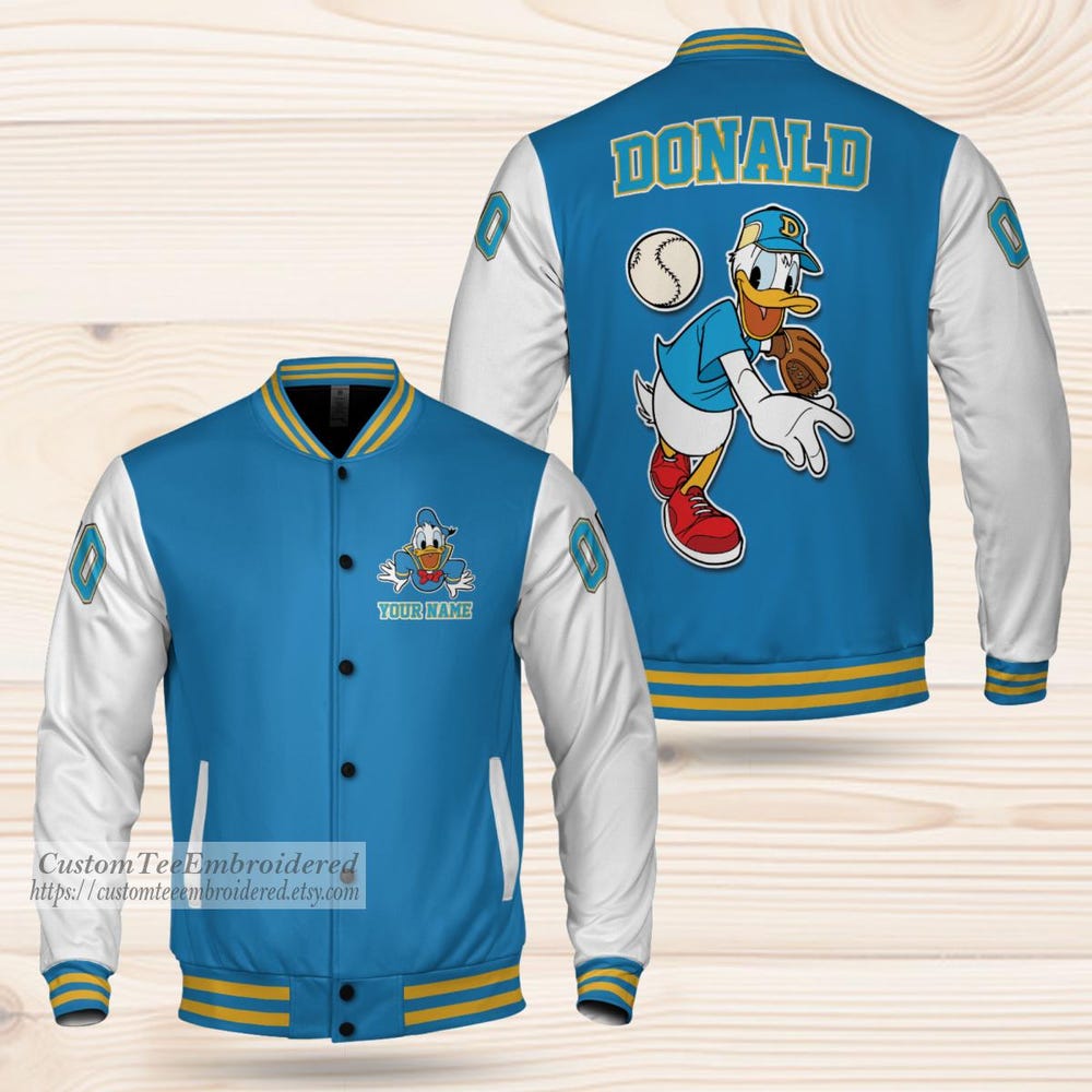 Snorider Design Personalize Donald Duck Adult Varsity Jacket, Adult Varsity Jacket, Personalized Disney Jacket, Baseball Team Outfit, Disney Uniform Varsity