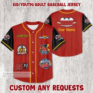 Custom Lightning Mcqueen Baseball Jersey, Pixar Disney Car Jersey Shirt, Cars Cartoon Gift, Funny Gift for Kids & Adults