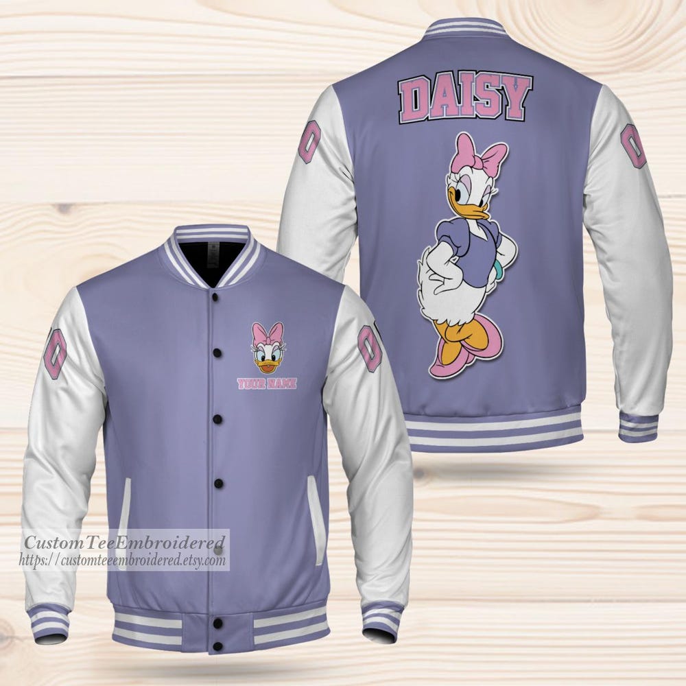 Snorider Design Personalize Daisy Duck Varsity Jacket, Adult Varsity Jacket, Personalized Disney Jacket, Baseball Team Outfit, Disney Uniform Varsity