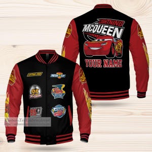 Personalize Lightning Mcqueen Black And Red Varsity Jacket, Adult Varsity Jacket, Baseball Team Outfit, Disney Uniform Varsity
