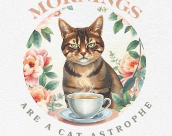Op de afbeelding: Een bruine tabbykat met groene ogen zit in een cirkel van roze en groene bloemen met een stomende kop koffie ervoor. De tekst "Mornings are a cat-astrophy" staat rond de cirkel.