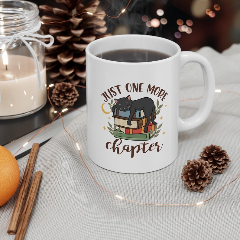 Just One More Chapter" keramische koffiekop, Black Cat and Books-ontwerp, lood- en BPA-vrij 11oz, 15oz afbeelding 5