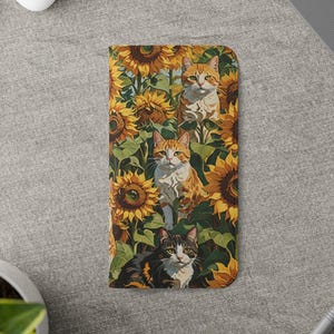 Funda tipo libro con diseño de gato y girasol inspirado en Van Gogh, de piel vegana, para iPhone Pro Max 16 15, iPhone 11 12 13 14