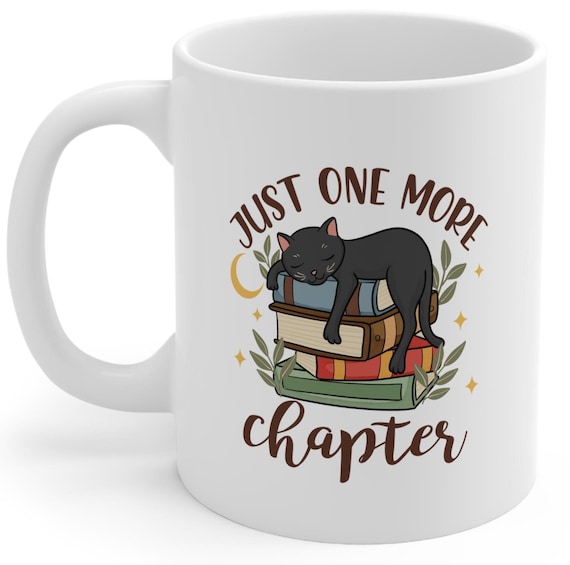 Just One More Chapter" Ceramic Coffee Cup, Black Cat and Books Design, Lead & BPA-Free 11oz, 15oz