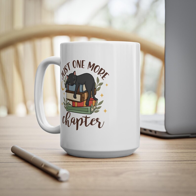 Just One More Chapter" keramische koffiekop, Black Cat and Books-ontwerp, lood- en BPA-vrij 11oz, 15oz afbeelding 10