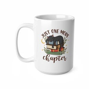 Just One More Chapter" keramische koffiekop, Black Cat and Books-ontwerp, lood- en BPA-vrij 11oz, 15oz afbeelding 3