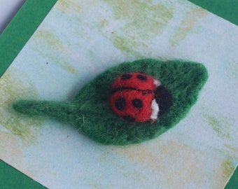 Ladybug Pin - Needle Felted Ladybug on Leaf - Brooch - Insect Jewelry - Wool Felted Ladybug - Gift For Her