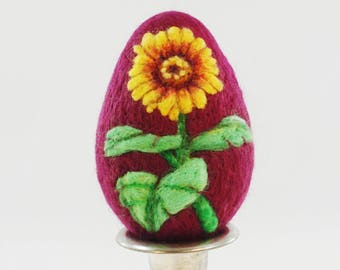 Easter Egg - Needle Felted - Burgundy Egg - Felt Easter - Needlefelt Egg - Sunflower -Yellow - Felt Flowers - Easter Decor - Easter Gift