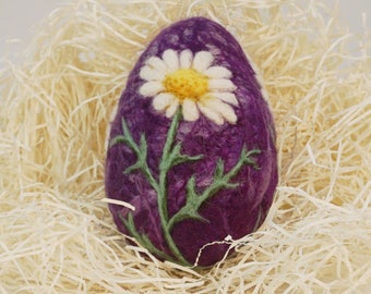 Needle Felted Easter Egg: Purple Wool Egg with Daisies