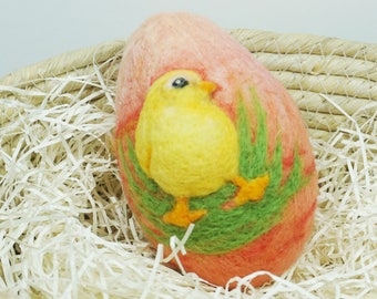 Easter Gift - Needle Felted Egg - Large Size - Yellow Chick on Shades of Coral Red - Easter Felt - Easter Decor - Needle Felting