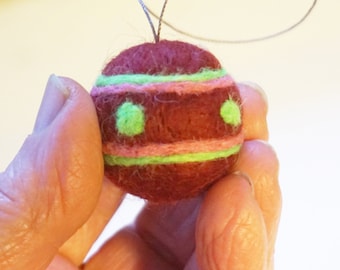 Needle Felted Christmas Ornament: Burgundy Wool Geometric Design Ball