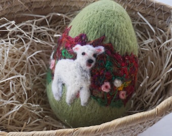 Needle Felted  Easter Egg - Lamb on Sage Green with Flower Garden - Needlefelt Egg - Sheep - Easter decoration - Easter Gift - Felt Easter