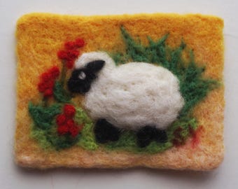 Needle Felted ACEO -Sweet Little Lamb - Red Flowers - Needle Felting - Easter Gift