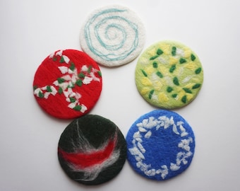 Needle Felted Coasters Set of Four: Colorful Drink Coasters, Hostess Gift