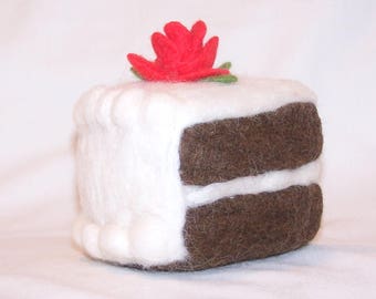 Needle Felted Chocolate Cake Sculpture: Wool Dessert Decor with Red Rose